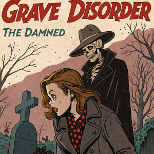 Comic book cover for 'Grave Disorder' by The Damned. Features a woman in distress and a skeletal figure adorned in dark coat and wide-brim hat. Nostalgic pulp comic style with dramatic flair and somber color scheme highlighted by crimson.