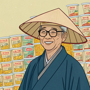 Cartoony depiction of Momofuku Ando. Wearing a traditional japanese hat and robe. Background filled with stacks of instant noodle packets