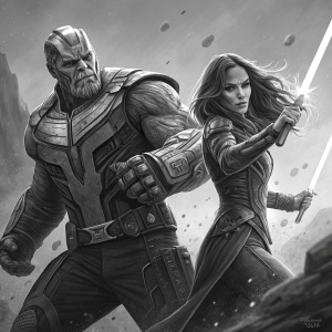 Black and white sketch of Thanos and Gamora from Marvel Comics. Thanos dons a high-tech armor with infinity gauntlet. Gamora stands in a combat stance with her sword. The illustration captures their dynamic poses and expressions.