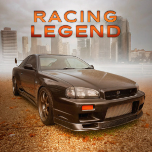 A detailed image of a Nissan Skyline GT-R. Painted in matte black. Text overlay reads 'Racing Legend'. The car is parked in front of a modern city skyline.