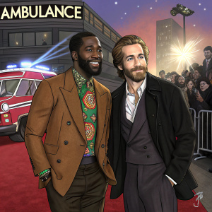 Jake Gyllenhaal and Yahya Abdul-Mateen II at premiere of 'Ambulance'. Both are dressed in suits, Jake in a brown blazer with colorful tie, Yahya in a black jacket. Red carpet event with flashing lights and fans in the background.