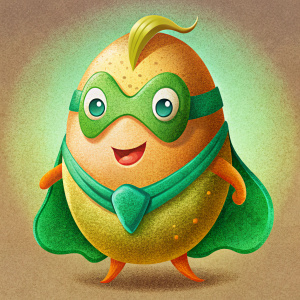 A potato-shaped superhero in a mask with a green cape and a blush on his face on a white background