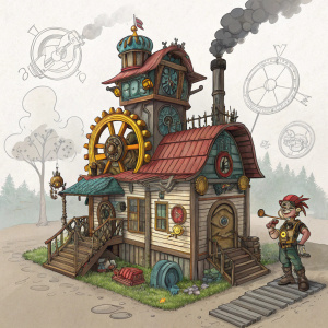 Concept art of Junkrat's house, steampunk inspired, vivid colors, digital illustrations, character in action, sketches, vibrant, detailed