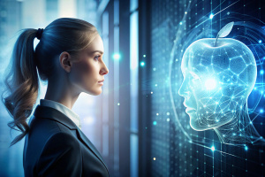 crear una imagen de una mujer viendo la inteligencia artificial de apple