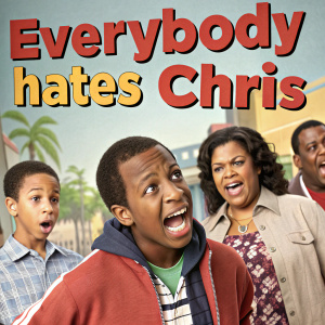 Cast of 'Everybody Hates Chris' displaying a variety of expressions ranging from joy to frustration. Large promotional poster with show title prominently displayed.
