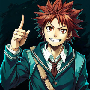 cheerful male. spiky red hair. wraps on knuckles. school uniform. black pants. finger to the sky.