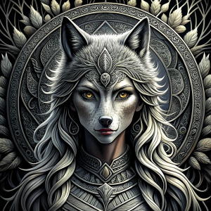 Nordic Godness Ylva She-Wolf - perfect realistic art, high-definition grey and black, white background tattoo design