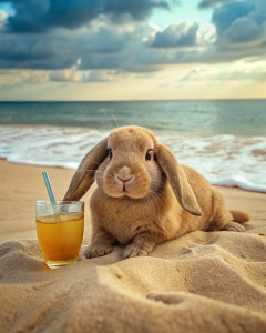 a lop eared bunny at the beach, sprawled out on sand with drink in paw, looking at the waves