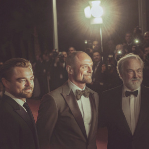 Leonardo DiCaprio, Mark Strong, and Ridley Scott in tuxedos, posing at film festival. Red carpet scene with paparazzi