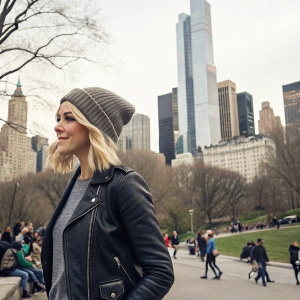 Julianne Hough, blonde bob haircut, casual in leather jacket and beanie. Wandering through busy city park. Tall skyscrapers and families in background.
