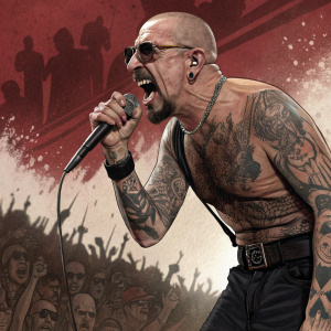 GG Allin, frontman of the Murder Junkies, live performance poster. Grimacing, tattooed, bald head. Crowd scene background.
