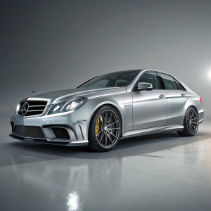 Illustration of a silver Mercedes-Benz E63 AMG in sleek design. Lit by soft studio lights. Grey background
