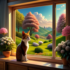 A cat looks at the view of the flowering garden from the window of the house