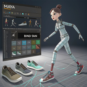 3D modeling and animation workspace screenshot. Maya software interface. Rigging process illustrated with bendy legs and arms options. Various shoe models and Bind Skin button highlighted. Dark UI theme.