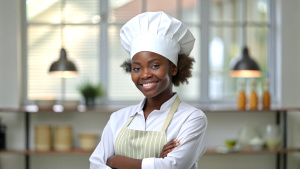 african american young women chef in a chef's hat with arms crossed wears apron standing in restaurant kitchen and smiling