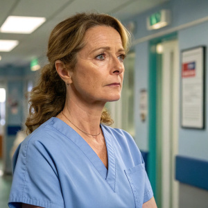 Anne Kristen, a seasoned actress, on set of Casualty. Wearing scrubs, looking serious in a hospital scene.