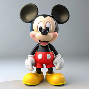 The character is Mickey Mouse, a short and slender anthropomorphic mouse. He has round, black ears, a rosy-cheeked face with large expressive eyes, a small nose, and a friendly smile with thin lips curved upwards. He wears red shorts, white gloves, and yellow shoes. His hair is short and black, and he has a curved tail at the back of his head.