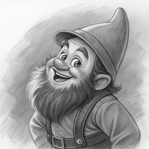 Detailed charcoal drawing of a lively dwarf figure. The artwork captures movement and personality with bold strokes.