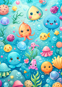 A cute, bubbly underwater wallpaper, Lots of bubbles and tiny fish, crabs,  jellyfish, cute, pink, yellow, turquoise, corals
