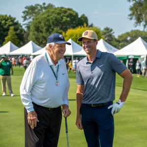 Jack Nicklaus and Drew Brees at a charity golf tournament. Sunny day, green fairway, white tents and volunteers in the background.
