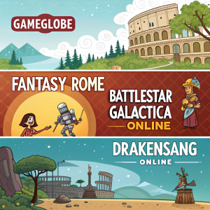 GameGlobe's homepage featuring Fantasy Rome, Battlestar Galactica Online, and Drakensang Online. Cartoon-style graphics, vibrant color palette, gaming world
