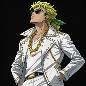 Illustration of DIO BRANDO from JoJo's Bizarre Adventure. Confident pose, green hair accessory, sunglasses, and unique fashion style. White shiny jacket, chains. Black background.