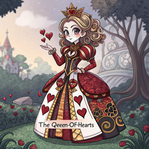 Digital illustration featuring 'THE QUEEN-OF-HEARTS'. Character inspired by anime and manga with intricate details.