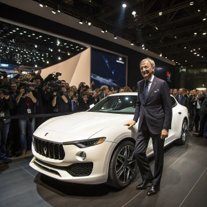 Harald Wester, CEO of Maserati, at a bustling car exhibition. The Maserati Levante being unveiled amidst excited crowd and flashing cameras.