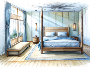 a sketch of a modern style
 bedroom in pencil, the bed is made of pallets