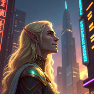 Digital art of Calleron Thamrel, a sun elf from Forgotten Realms. Long blonde hair and pointed ears. Set against a bright neon cityscape