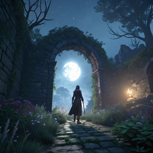 In the mystical realm of Viridian Gate Online: Resurrection, a character stands in a stone archway bathed in moonlight. Enchanted flora surrounds her, and her figure is enveloped by a radiant, ethereal glow.