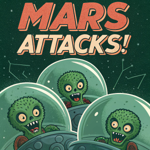 DVD cover for 'Mars Attacks!' features a cluster of eerie green alien pods with tiny, menacing beings peeking out. Title 'Mars Attacks!' and actor names in bold sci-fi style.