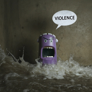 Purple cartoon character screaming in distress, sharp teeth visible, set against a chaotic backdrop of swirling liquid. Speech bubble reads 'violence'.