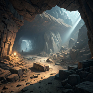 3D artwork showcasing an eerie underground cavern from the video game Paladins: Champions of the Realm. Depicting a scene of recent cave-in with fractured rock formations and a shaft of light illuminating the debris-filled space.