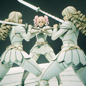 Digital art showcasing three anime-inspired female warriors. Blonde and pink hair, curly locks, detailed costumes. Dynamic fighting pose. Set against a stark black backdrop.
