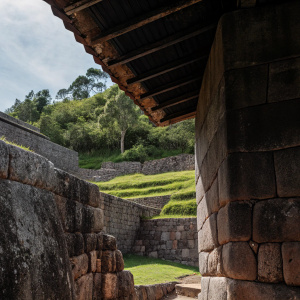 Ancient Q'enco Inca Archaeological Complex, located on a lush hillside in Cusco, Peru. Ruins made of large, weathered stones, some with visible erosion. Site surrounded by greenery, including grass and trees.