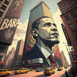 A street art mural featuring Barack Obama's face composed of text. The artwork is painted on a towering skyscraper in a bustling cityscape.
