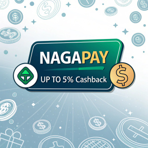 Promotional banner for Nagapay, featuring an all-in-one crypto payment service with up to 5% cashback. Background filled with various cryptocurrency symbols.