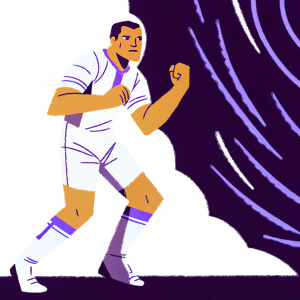 Leandro Romagnoli, soccer player, intense pose, dark background with abstract sports motifs.