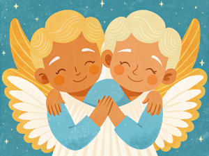 
two baby angels hugging