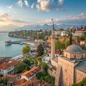 A wide-angle shot of Antalya, Turkey. The bustling port city with its historic old town. The skyline dotted with traditional Turkish architecture. Coastal views and modern buildings contrast beautifully.