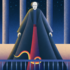 3D digital rendering of Lord Voldemort from Harry Potter. Dark and ominous background, snake coiled beneath his feet