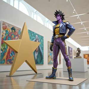 Star Platinum, iconic character from JoJo's Bizarre Adventure: Stardust Crusaders, standing in a modern art gallery. The background is filled with abstract paintings and sculptures.