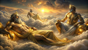Dios poseidon y Zeus, recostados sobre nubes blancas y lienzos de seda celeste, vestidos solo con tunicas doradas, como la pintura de miguel angel de la capilla sixtina, con un fondo de cielo blanco de día con nubes y pilares dorados. cuerpos enteros y un plano abierto