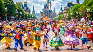 Picture of a parade of popular Disney characters amidst a packed audience at Tokyo Disneyland, Japan.