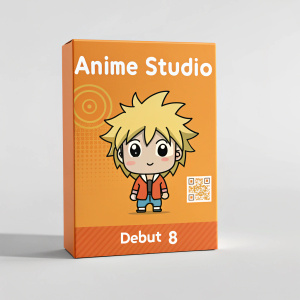 Eye-catching packaging for Anime Studio Debut 8. Bright orange hue, playful character with simple cartoon art. Character has spiky blonde hair, youthful look. Text detailing software's animation features, QR code for quick access. Emphasizes creativity in character and animation making.