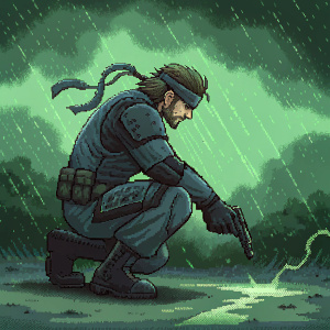 Pixel art depiction of Solid Snake, crouching. Dark and stormy, green-tinted background.