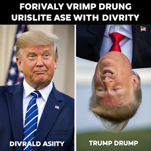 Digital meme featuring a split-screen of Donald Trump with his head inverted, used as satirical commentary on political issues.