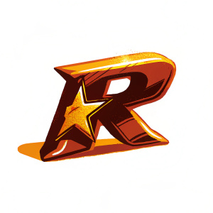 Gleaming 'R' logo for Rockstar Games. Modern, vibrant yellow and black. Star symbol. Dynamic, 3D design with metallic finish.