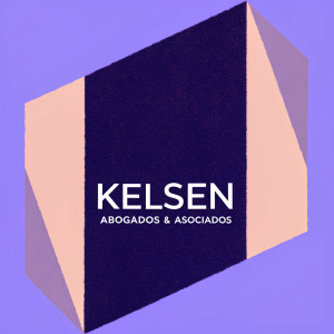 Modern legal firm logo for Kelsen Abogados & Asociados. The design is minimalistic, featuring a sleek geometric shape with contrasting dark and light colors. The company name is in a contemporary font.